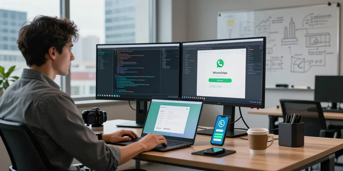 WhatsApp下載 in a modern tech workspace with a developer using dual monitors and laptop, coffee, and city view.