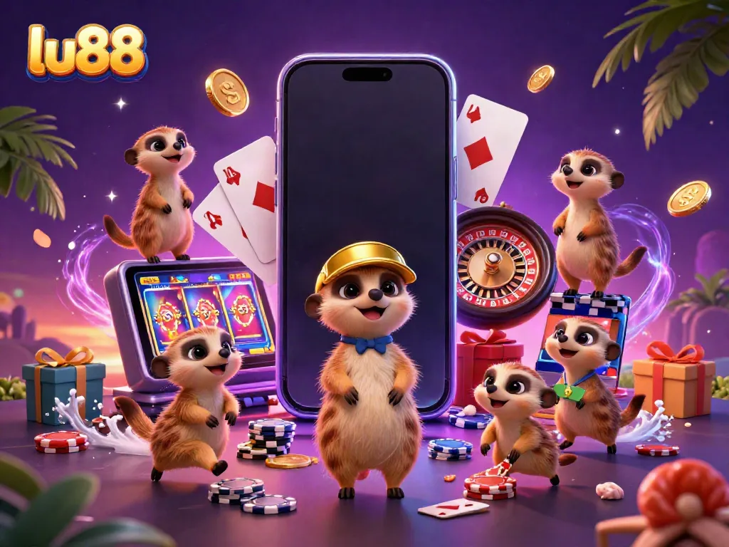 Experience thrilling gaming at lu88 with playful meerkats energizing a vibrant casino.