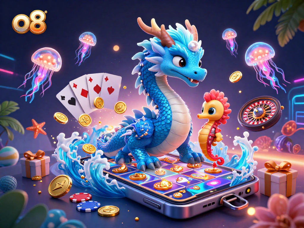 Experience the thrilling world of o8 with a dynamic casino scene featuring an azure water dragon and game elements.