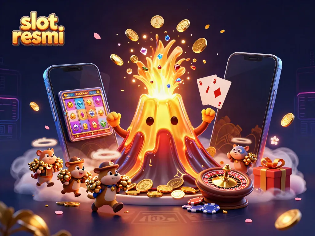 Experience the thrill of slot resmi as coins and gems erupt from a golden volcano.