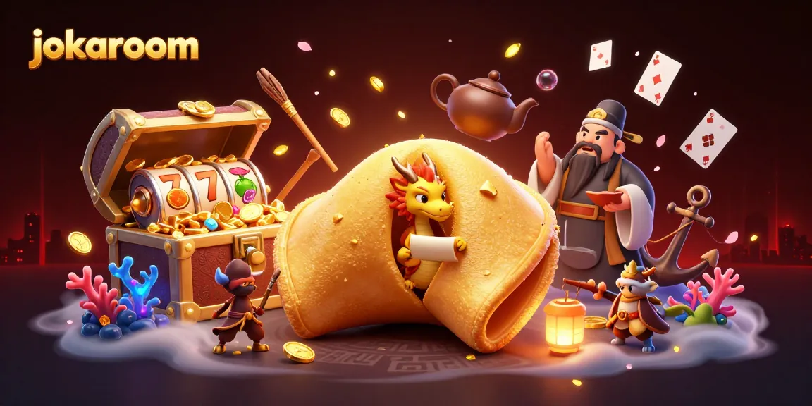 Experience the thrill of jokaroom with a vibrant 3D illustration of a fortune cookie scene filled with casino elements and fortune.