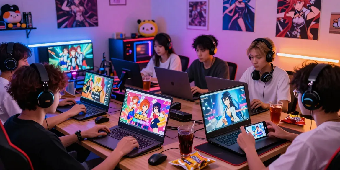 Players enjoying ecchi game online across multiple devices in a vibrant, lively gaming room