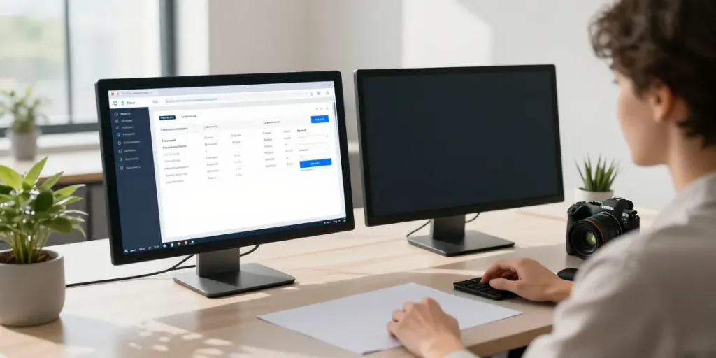 Domain name search UK in a modern workspace with dual monitors and natural light.