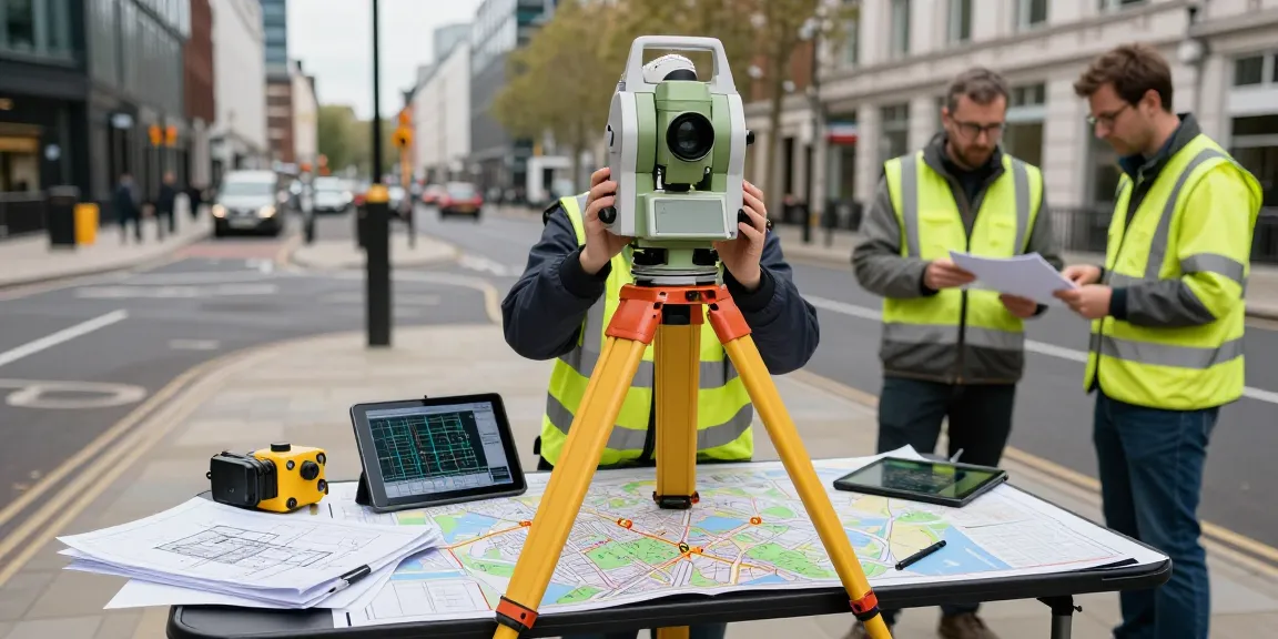 Land surveyors London using advanced Total Station equipment for topographical surveys in an urban setting.