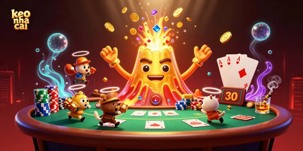 Betting strategies at keo nha cai illustrated with vibrant casino scene and golden volcano.