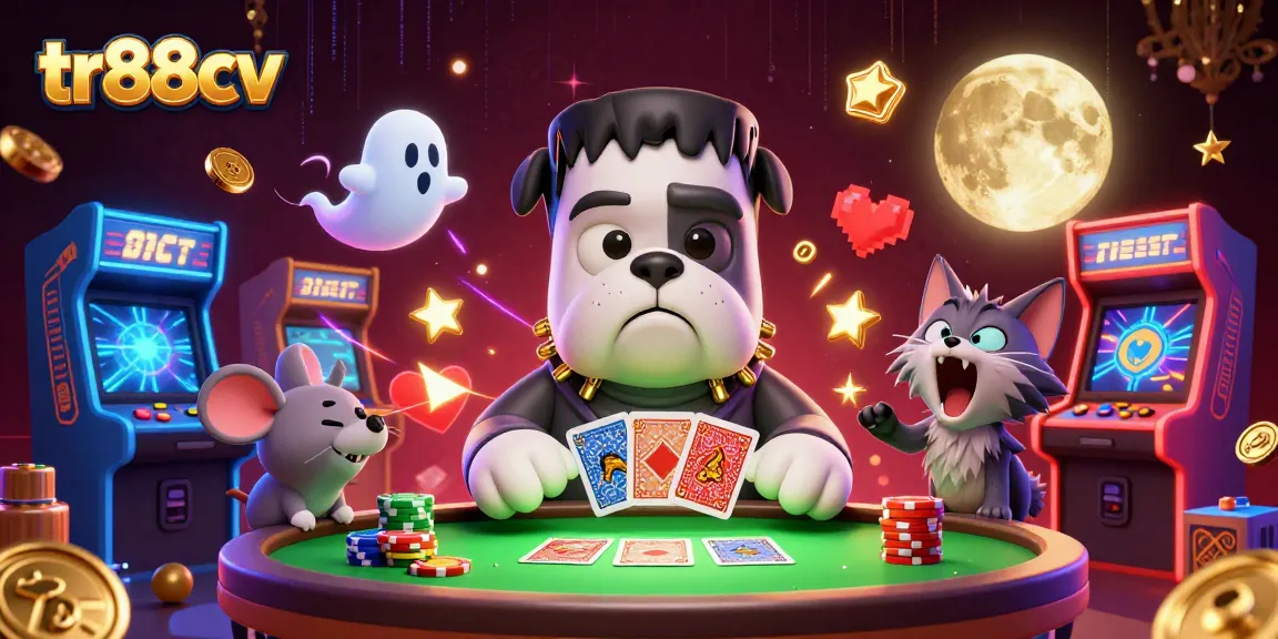 tr88cv showcases a vibrant casino scene with a cartoon bulldog dealing cards and a ghost mouse among dynamic gaming elements.