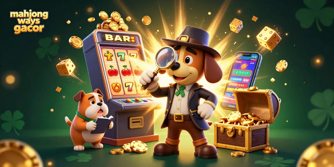Experience mahjong ways gacor with a slot machine jackpot, detectives, and golden clues in this vibrant illustration.